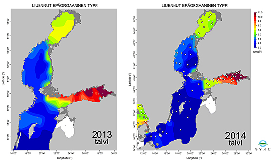 Kuva 6. Liuenneen epäorgaanisen typen määrä talvina 2013 ja 2014.